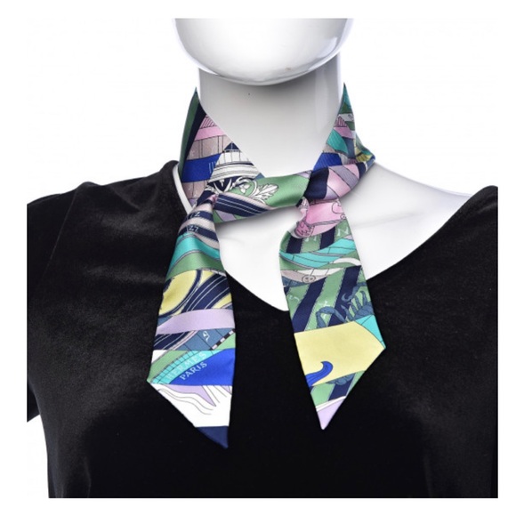 Hermès Set of 2: Silk Twilly Twill Scarf Astrologie Nouvelle Rose Ivoire Vert - Picture 3 of 6